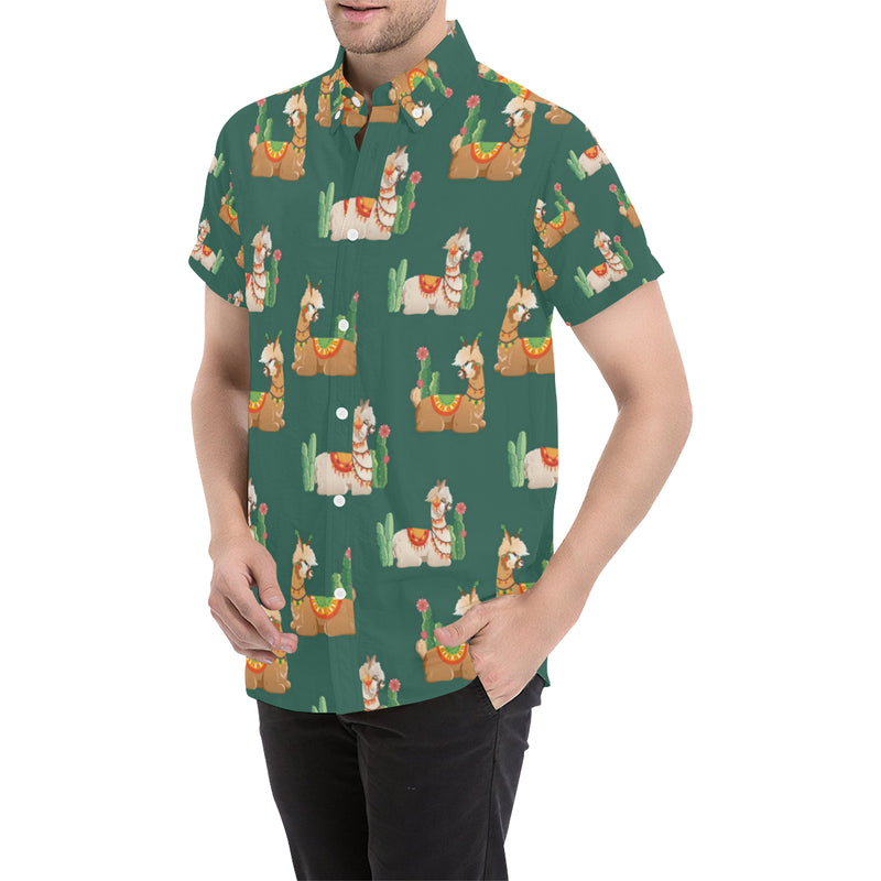 Llama Cactus Pattern Print Design 07 Men's Short Sleeve Button Up Shirt