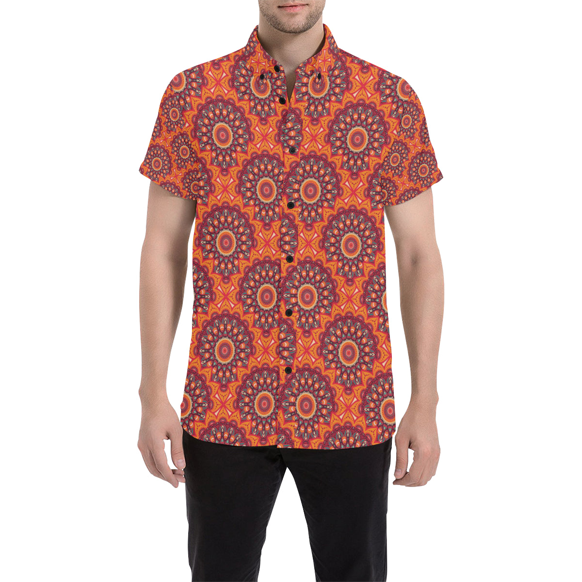 Bohemian Pattern Print Design 04 Men's Short Sleeve Button Up Shirt