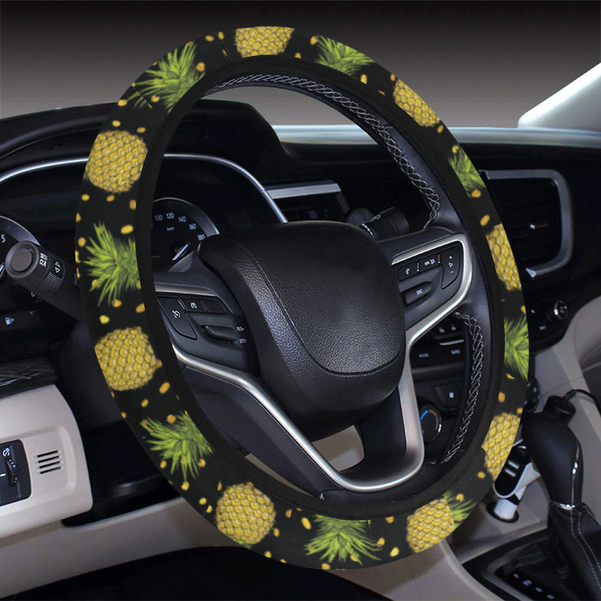 Pineapple Gold Dot Themed Print Steering Wheel Cover with Elastic Edge