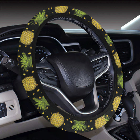 Pineapple Gold Dot Themed Print Steering Wheel Cover with Elastic Edge
