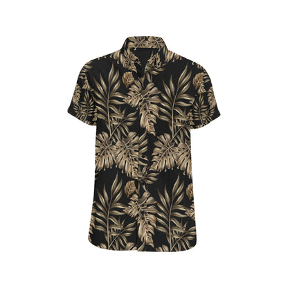 Brown Tropical Palm Leaves Men's Short Sleeve Button Up Shirt
