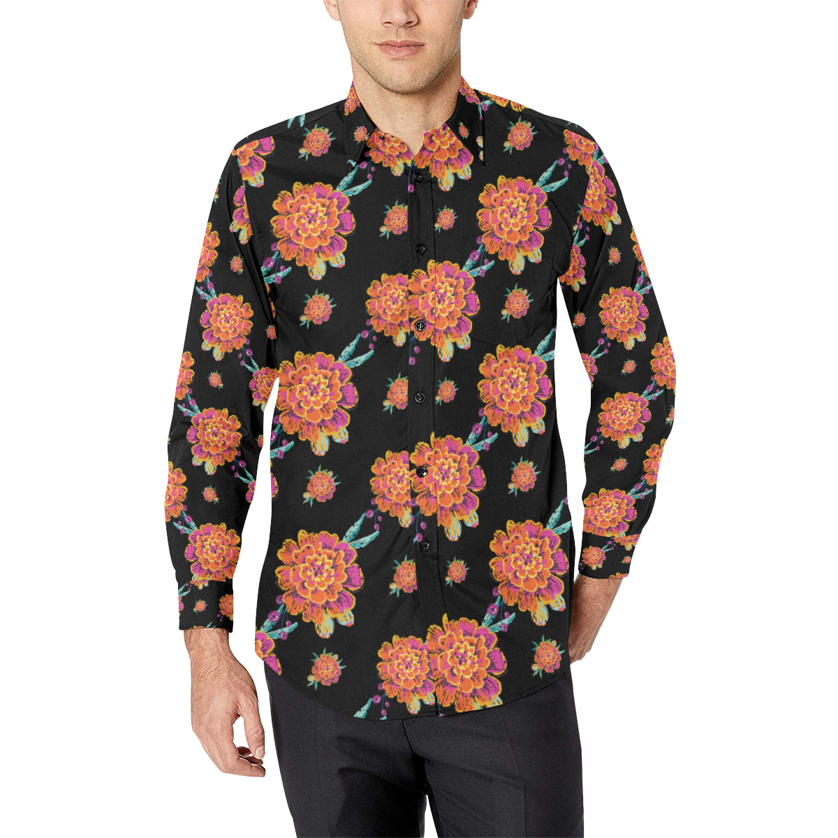 Marigold Pattern Print Design 01 Men's Long Sleeve Shirt