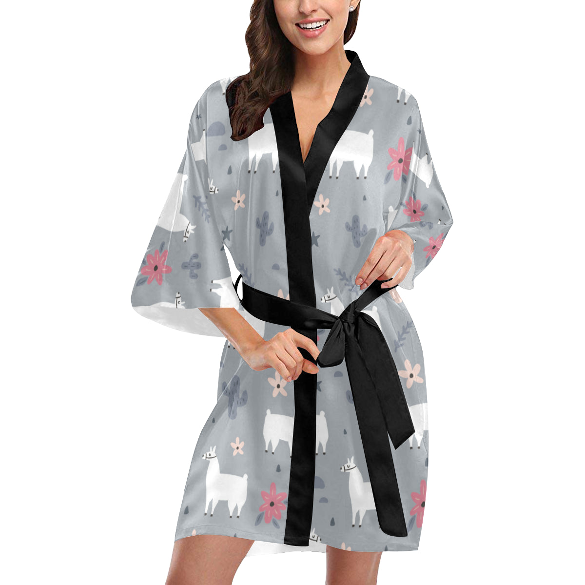 Llama Pattern Print Design 010 Women's Short Kimono