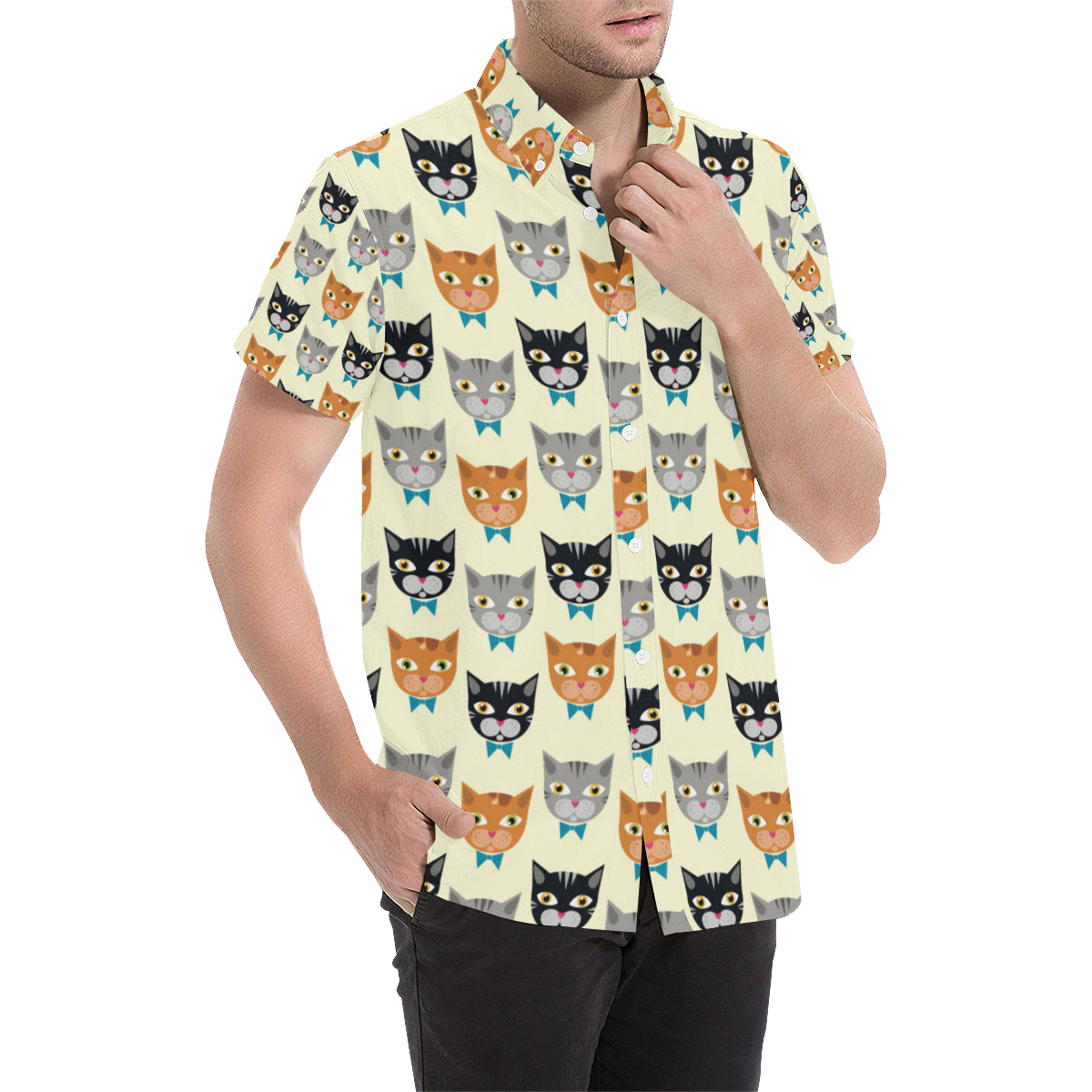 Cat Pattern Print Design 05 Men's Short Sleeve Button Up Shirt