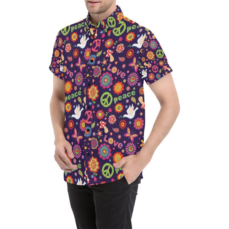 Flower Power Peace Design Print Men's Short Sleeve Button Up Shirt