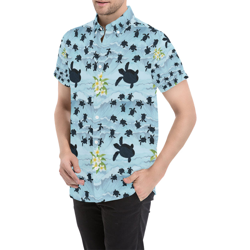 Sea Turtle Pattern Print Design T011 Men's Short Sleeve Button Up Shirt