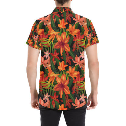 Amaryllis Pattern Print Design AL05 Men's Short Sleeve Button Up Shirt