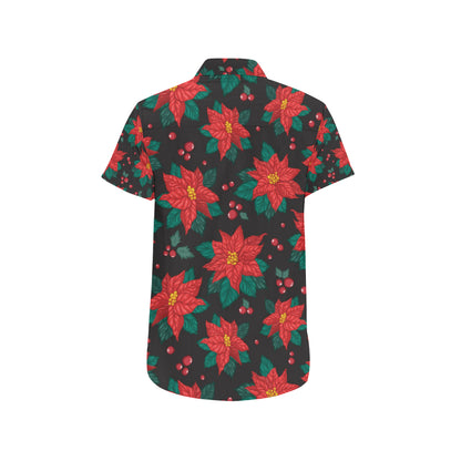 Poinsettia Pattern Print Design POT07 Men's Short Sleeve Button Up Shirt