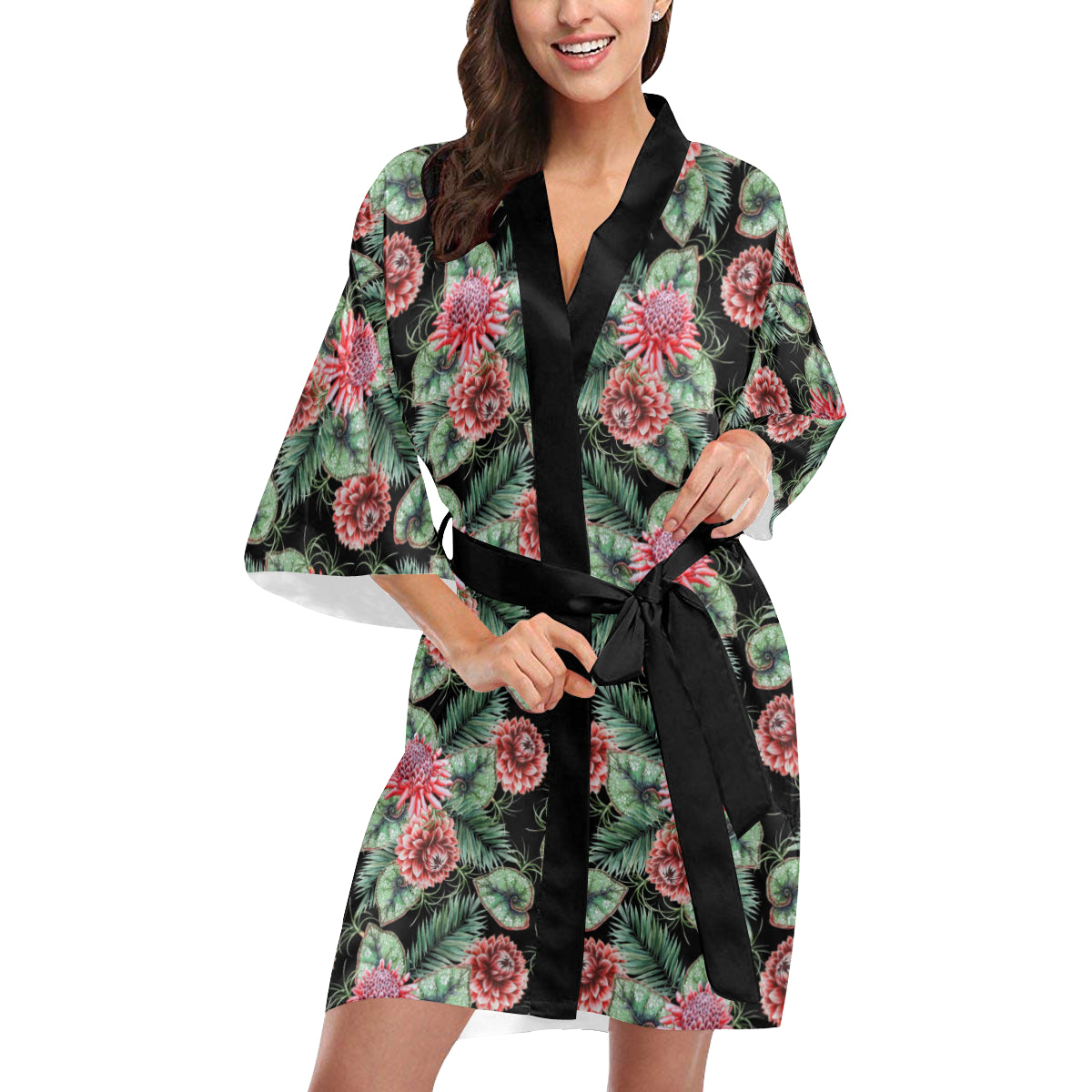 Dahlia Pattern Print Design DH06 Women's Short Kimono