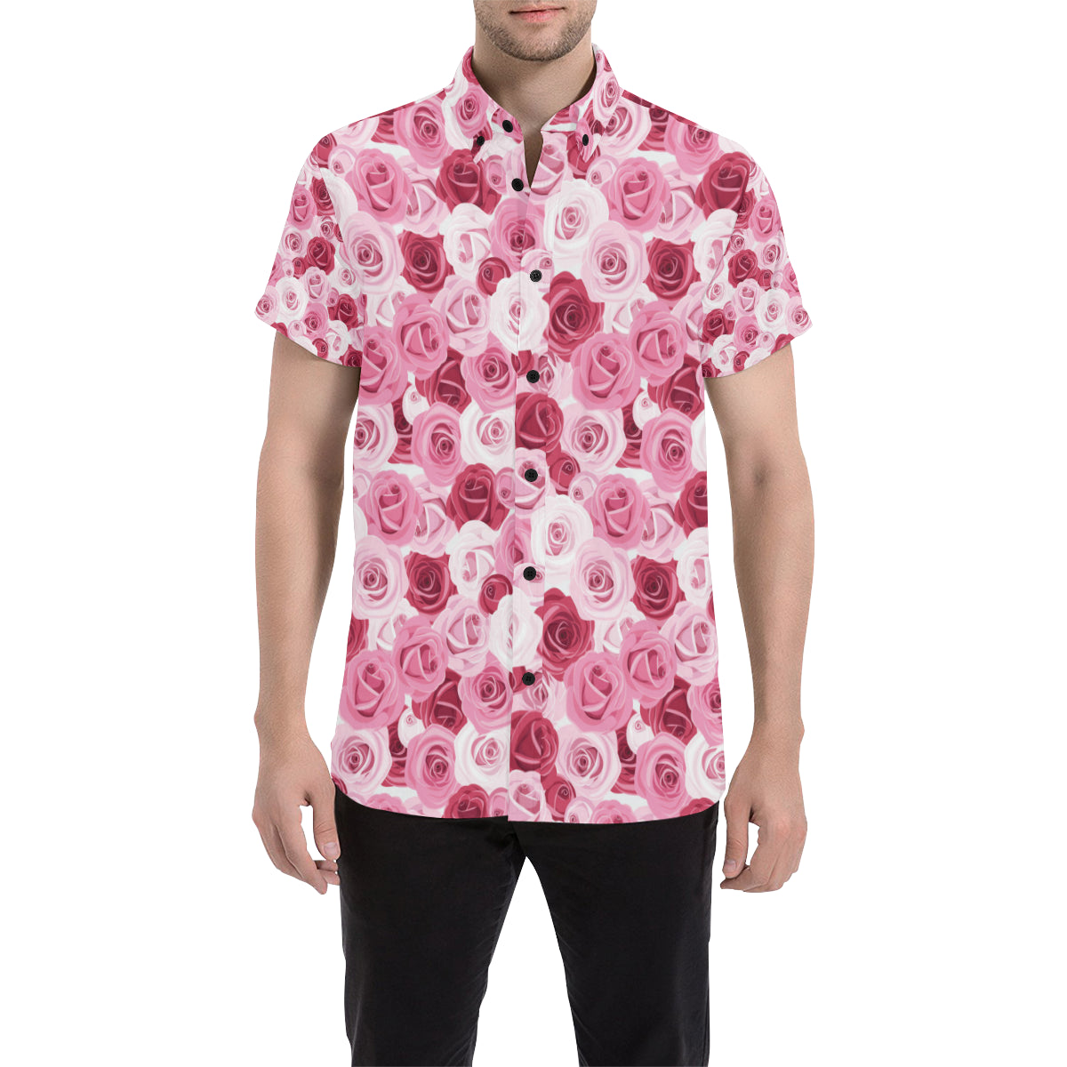 Pink Red Rose Pattern Print Men's Short Sleeve Button Up Shirt