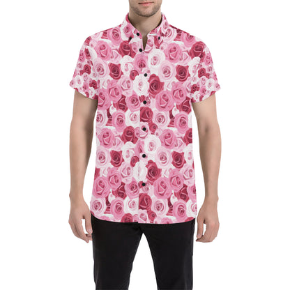 Pink Red Rose Pattern Print Men's Short Sleeve Button Up Shirt