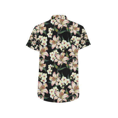 Lily Pattern Print Design LY03 Men's Short Sleeve Button Up Shirt