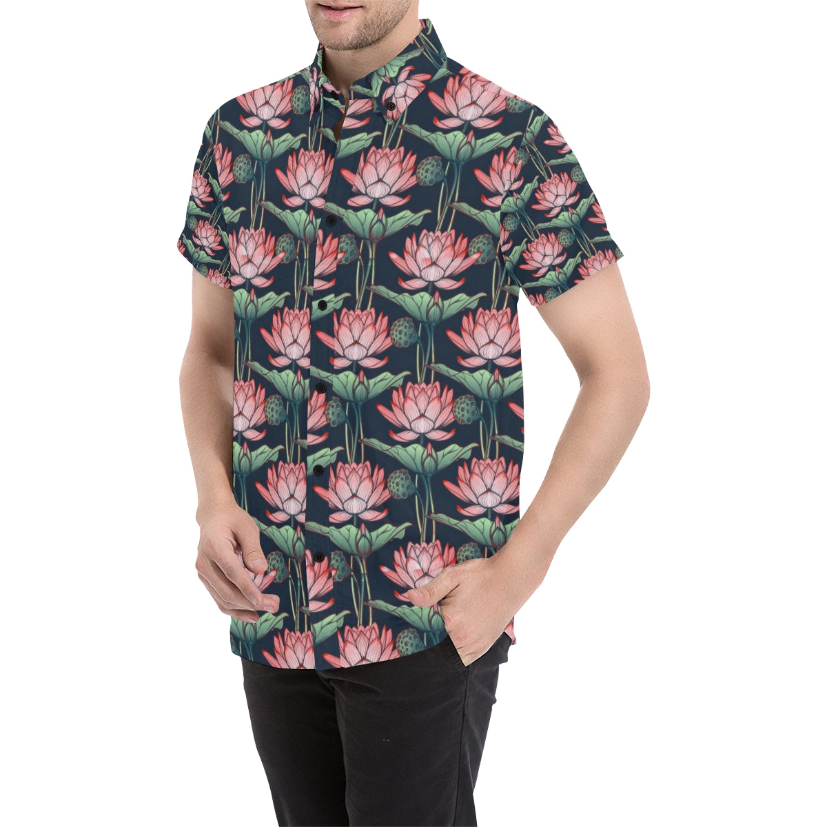 Water Lily Pattern Print Design WL03 Men's Short Sleeve Button Up Shirt