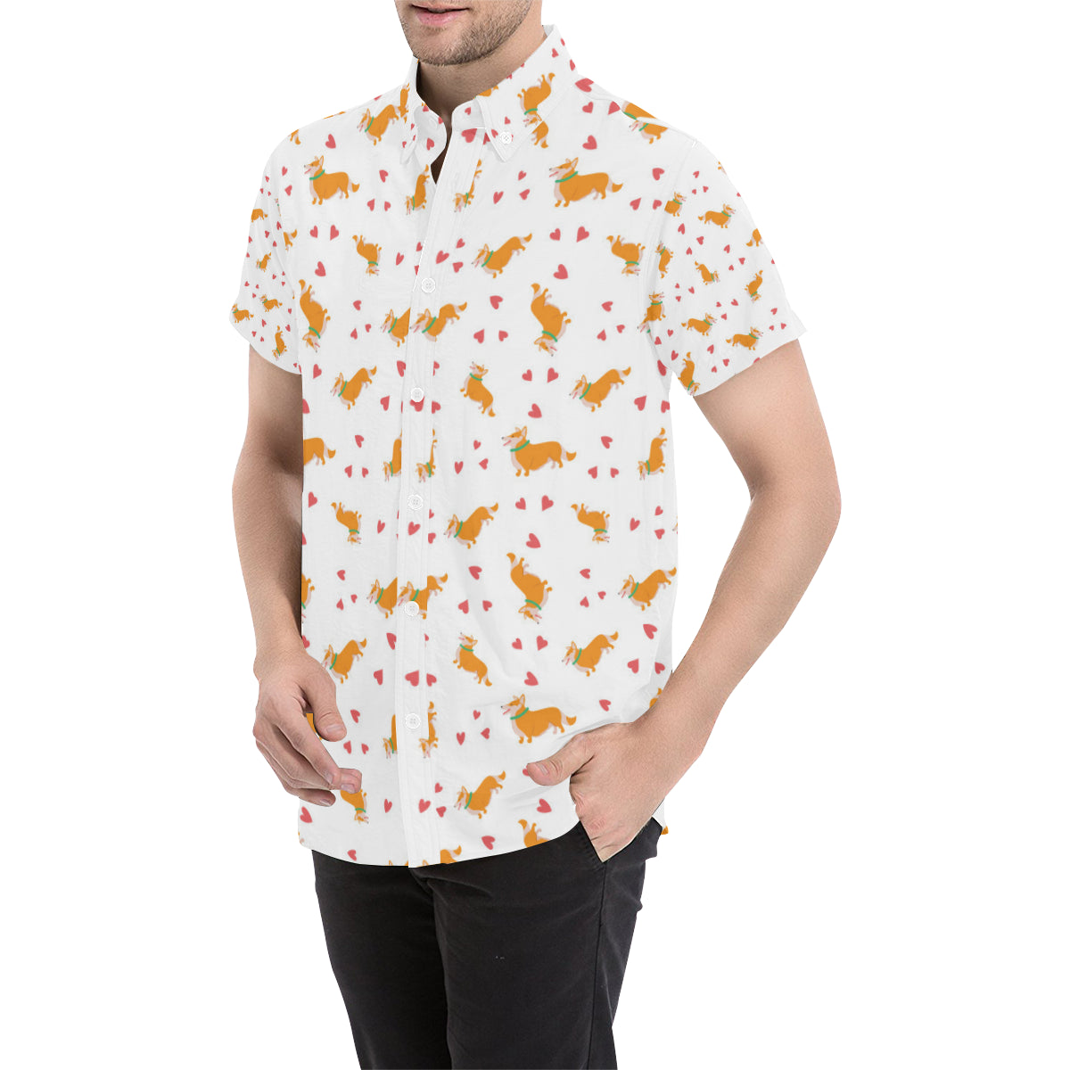 Cardigan Welsh Corgis Pattern Print Design 04 Men's Short Sleeve Button Up Shirt