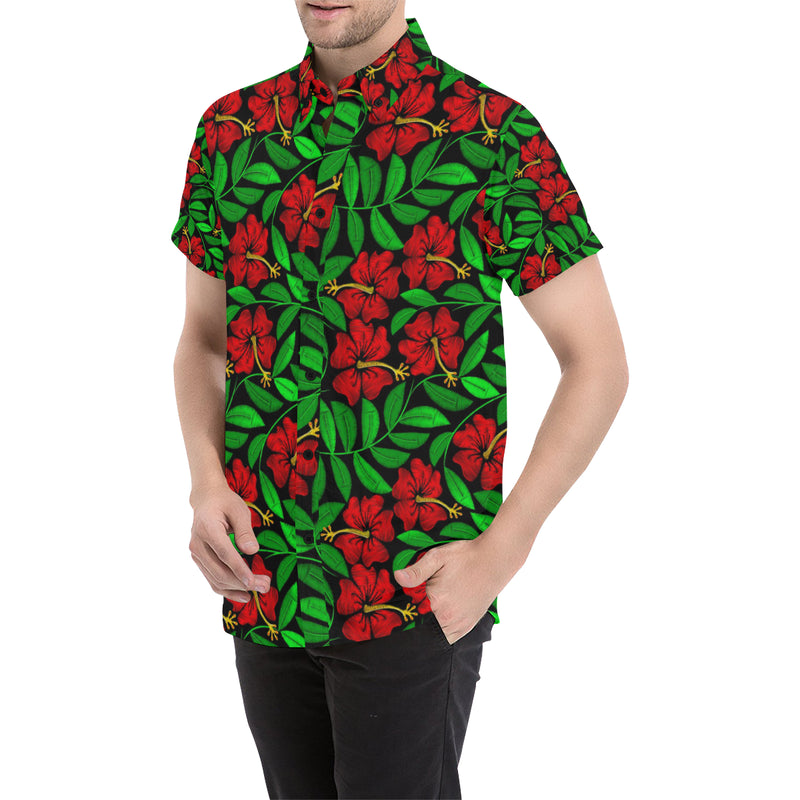 Red Hibiscus Embroidered Pattern Print Design HB03 Men's Short Sleeve Button Up Shirt