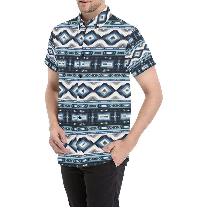 Navajo Dark Blue Print Pattern Men's Short Sleeve Button Up Shirt