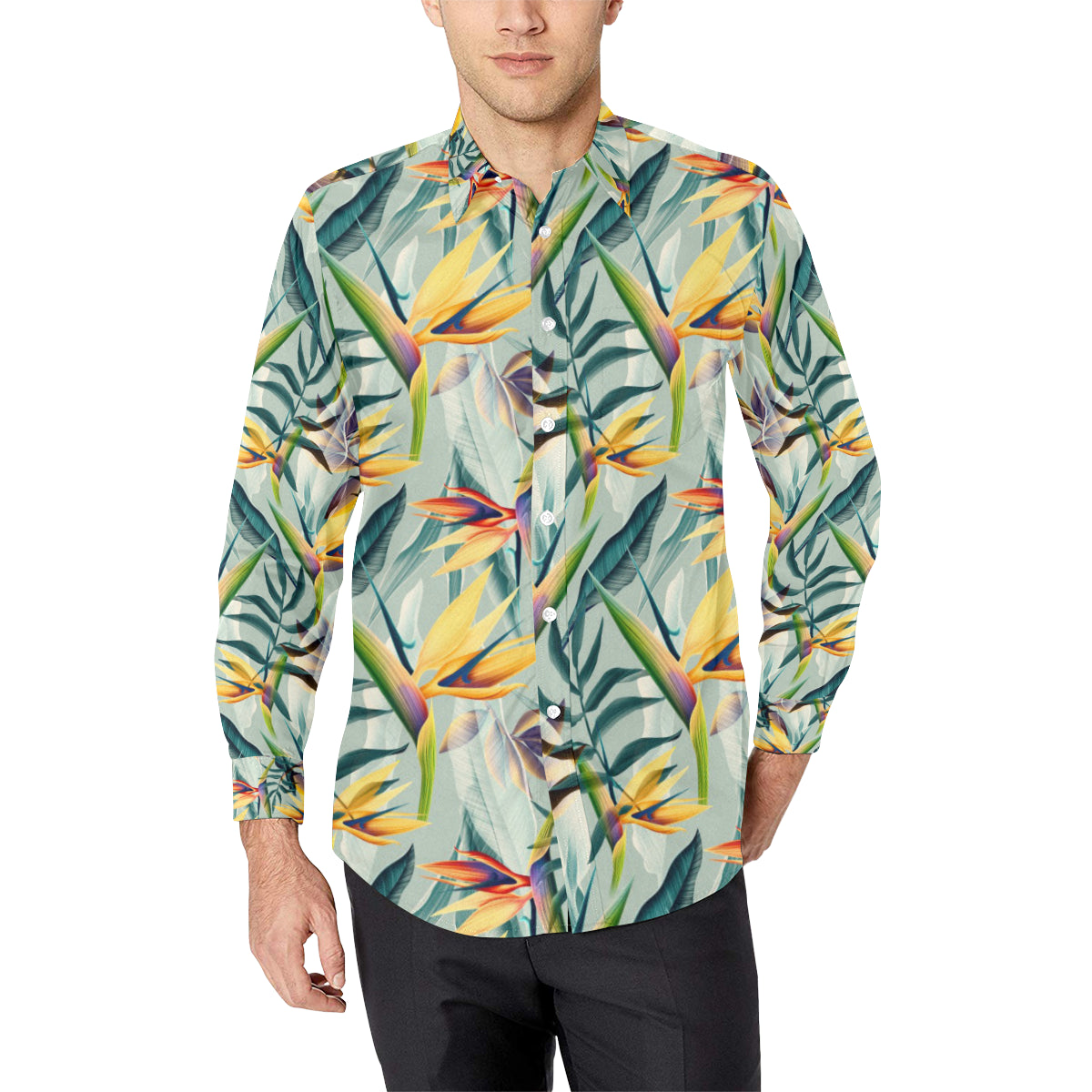 Tropical Flower Pattern Print Design TF022 Men's Long Sleeve Shirt