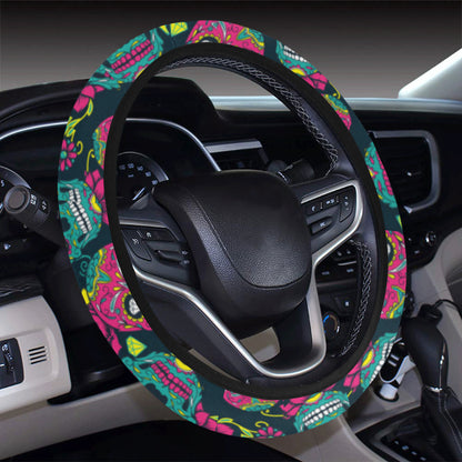 Sugar Skull Floral Design Themed Print Steering Wheel Cover with Elastic Edge