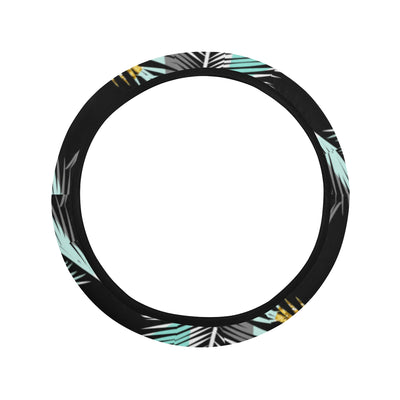 Gold Glitter Cyan Tropical Palm Leaves Steering Wheel Cover with Elastic Edge