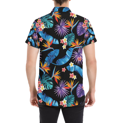 Tropical Flower Pattern Print Design TF018 Men's Short Sleeve Button Up Shirt