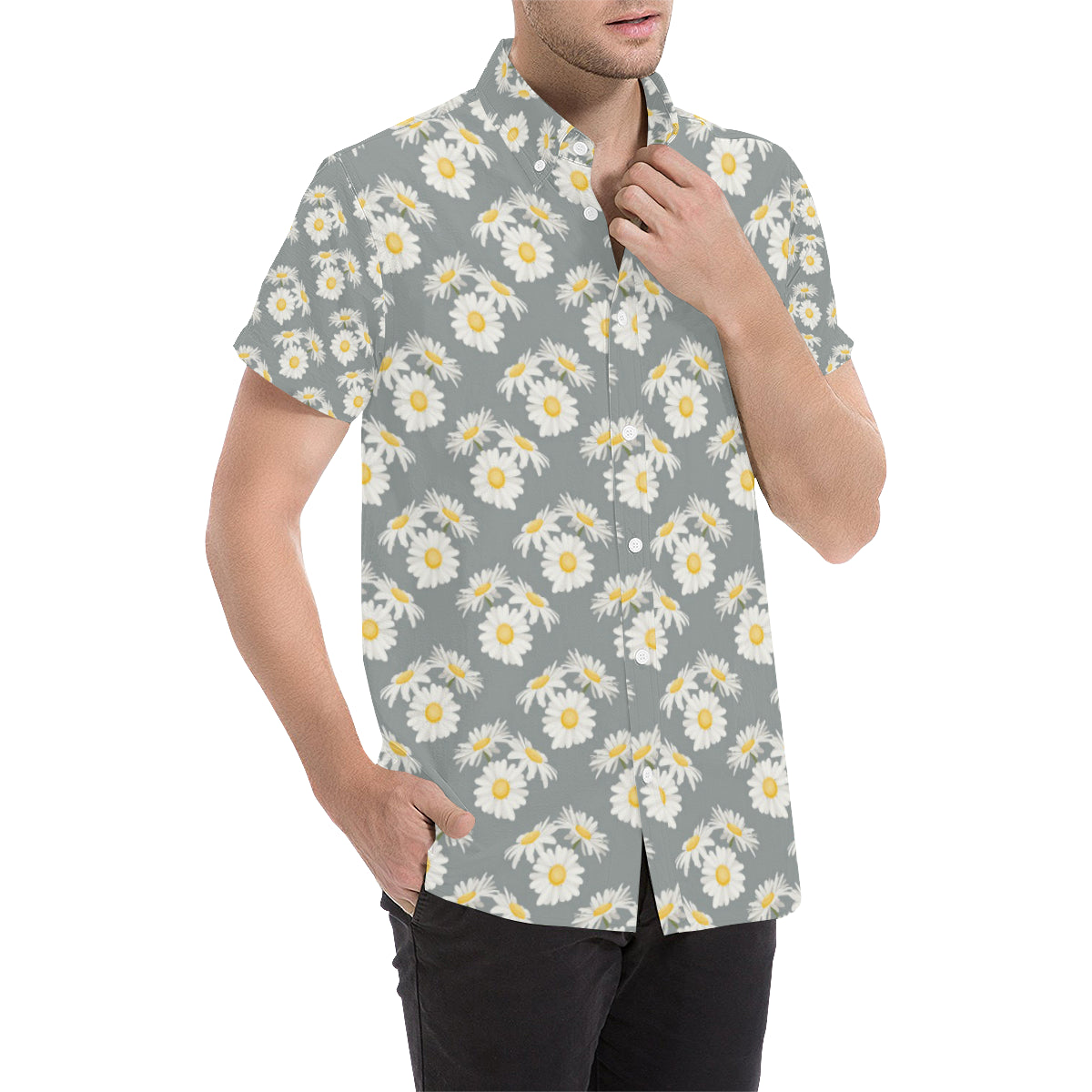 Daisy Pattern Print Design DS09 Men's Short Sleeve Button Up Shirt