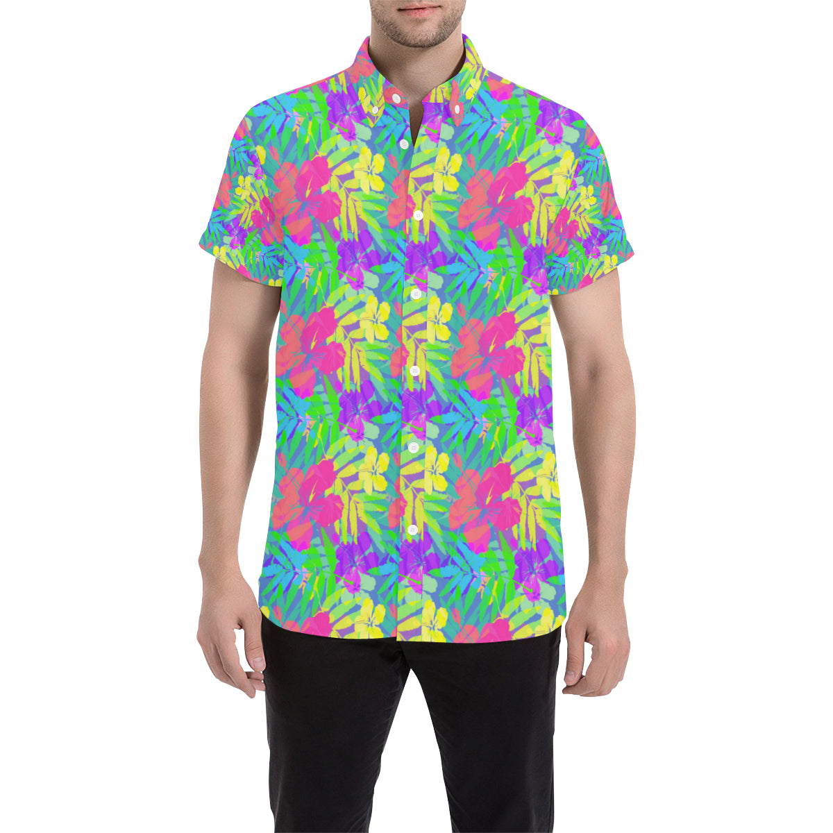Neon Tropical Pattern Print Design A03 Men's Short Sleeve Button Up Shirt