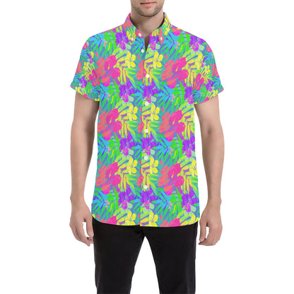 Neon Tropical Pattern Print Design A03 Men's Short Sleeve Button Up Shirt