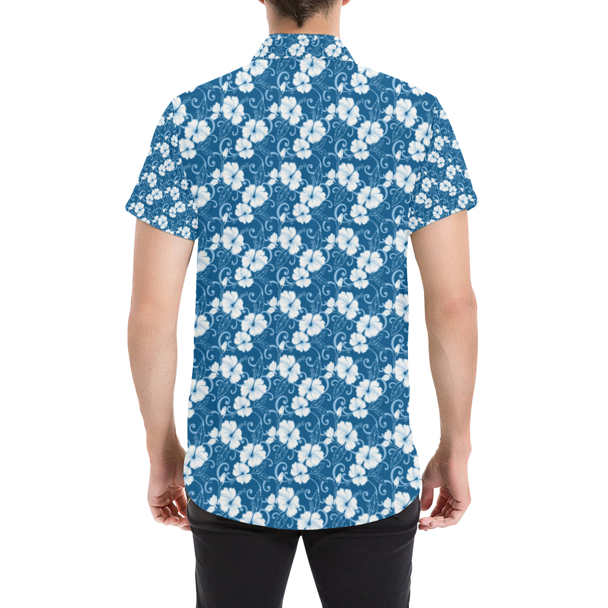 Hibiscus Blue Flower Hawaiian Print Men's Short Sleeve Button Up Shirt