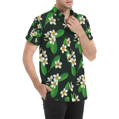 White Plumeria Pattern Print Design PM023 Men's Short Sleeve Button Up Shirt