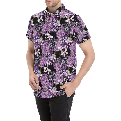Lavender Pattern Print Design LV06 Men's Short Sleeve Button Up Shirt