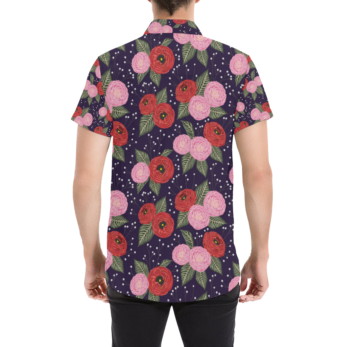 Camellia Pattern Print Design CM02 Men's Short Sleeve Button Up Shirt