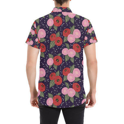 Camellia Pattern Print Design CM02 Men's Short Sleeve Button Up Shirt