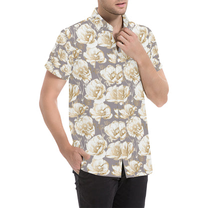 Anemone Pattern Print Design AM05 Men's Short Sleeve Button Up Shirt
