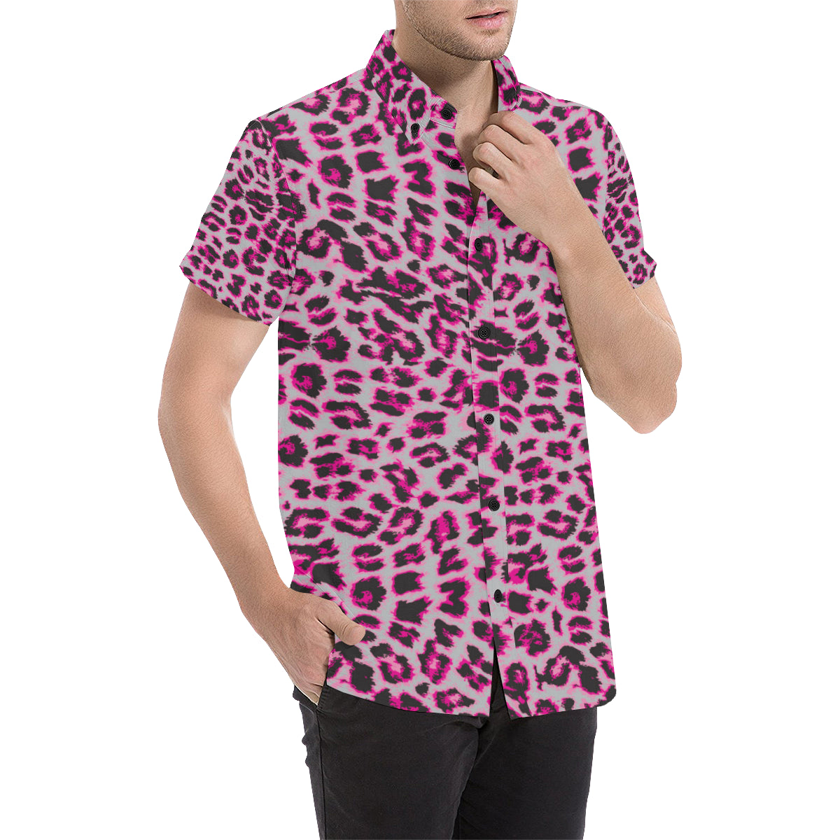 Leopard Pattern Print Design 02 Men's Short Sleeve Button Up Shirt