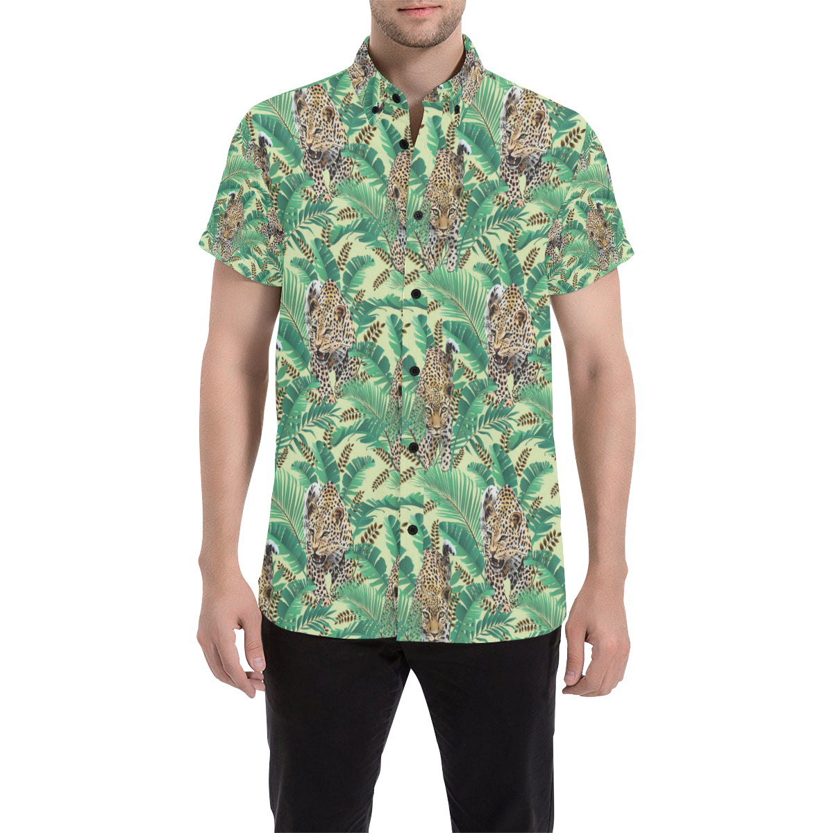 Leopard Pattern Print Design 03 Men's Short Sleeve Button Up Shirt