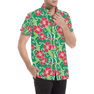 Red Hibiscus Pattern Print Design HB019 Men's Short Sleeve Button Up Shirt