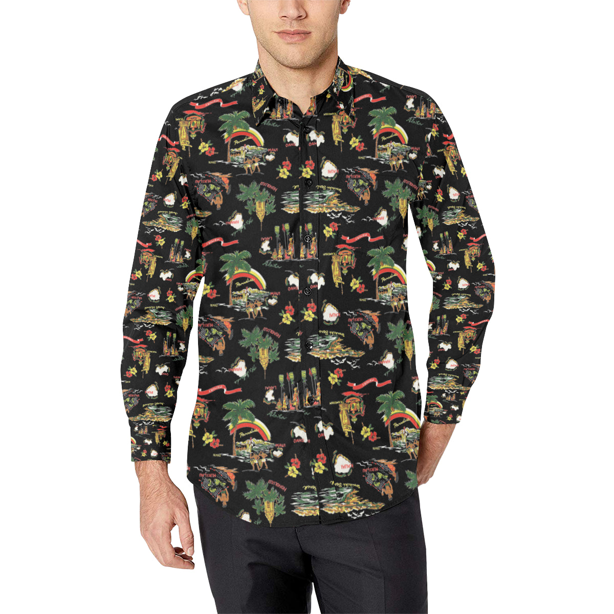 Hawaiian Island Themed Print Men's Long Sleeve Shirt