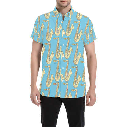 Saxophone Pattern Print Design 03 Men's Short Sleeve Button Up Shirt