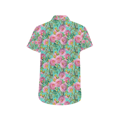Dahlia Pattern Print Design DH07 Men's Short Sleeve Button Up Shirt