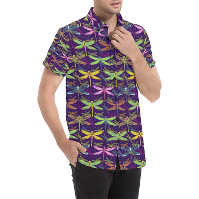 Dragonfly Neon Color Print Pattern Men's Short Sleeve Button Up Shirt