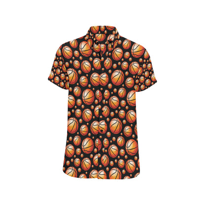 Basketball Black Background Pattern Men's Short Sleeve Button Up Shirt