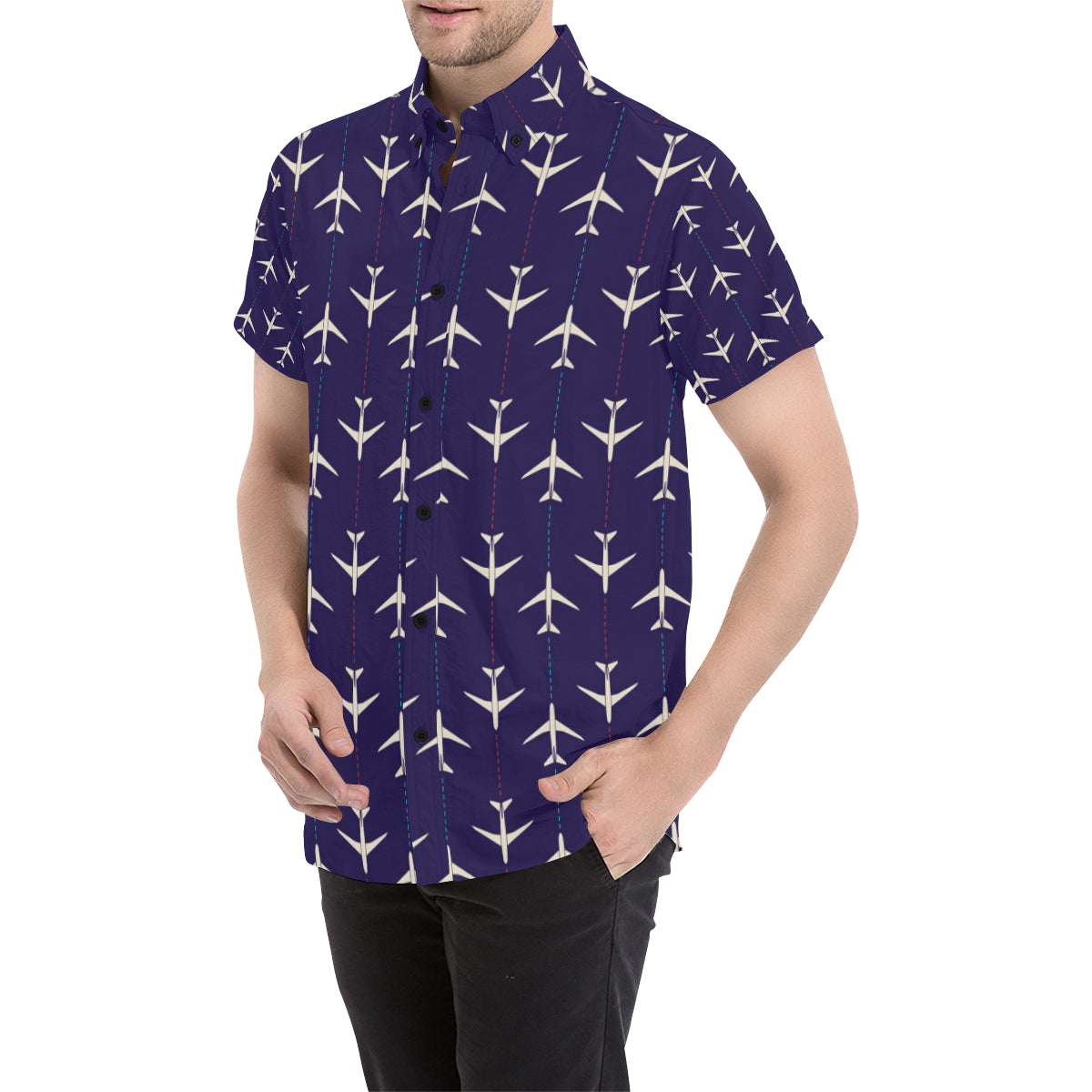 Airplane Pattern Print Design 03 Men's Short Sleeve Button Up Shirt