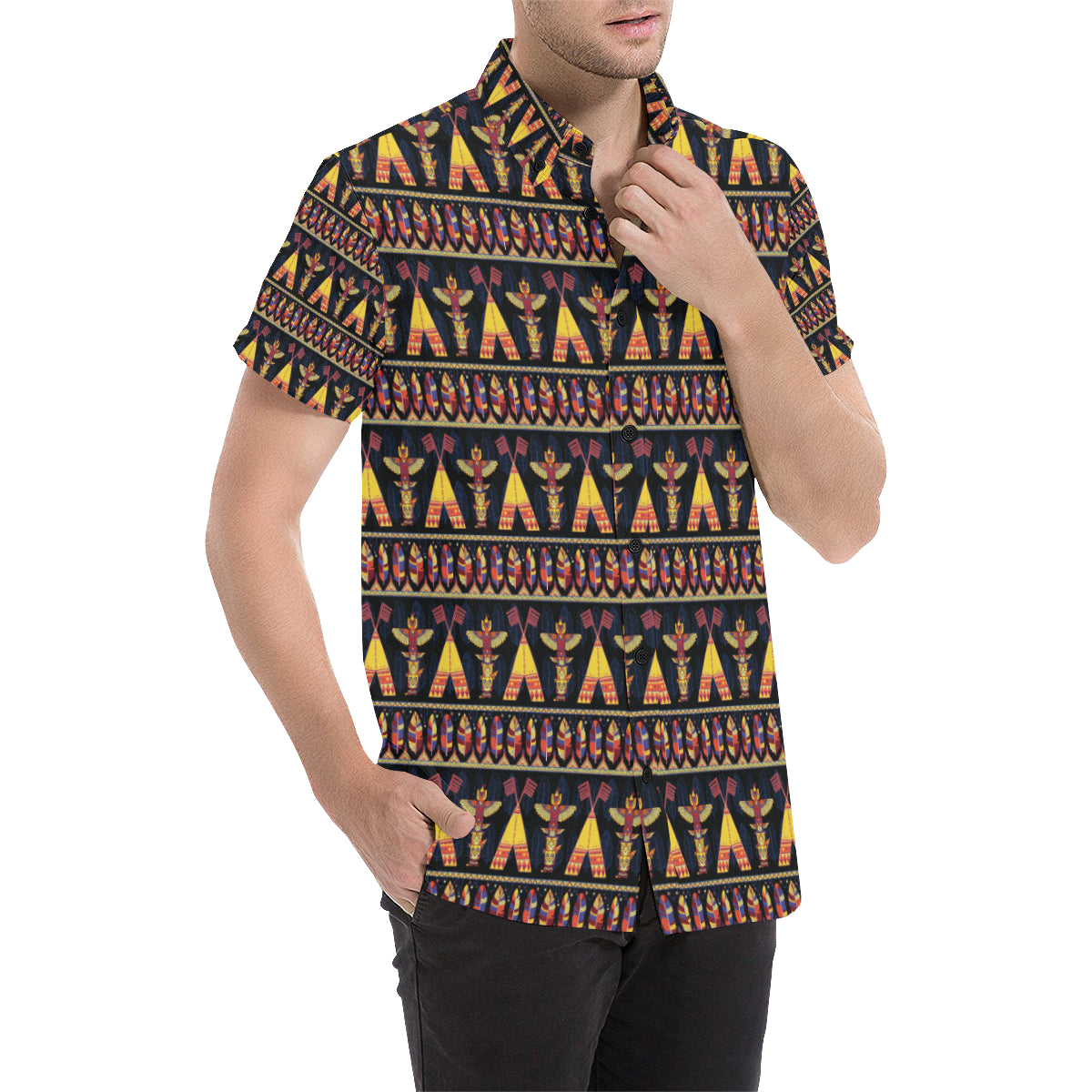 Totem Pole Design Men's Short Sleeve Button Up Shirt