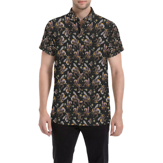 Bee Pattern Print Design 04 Men's Short Sleeve Button Up Shirt