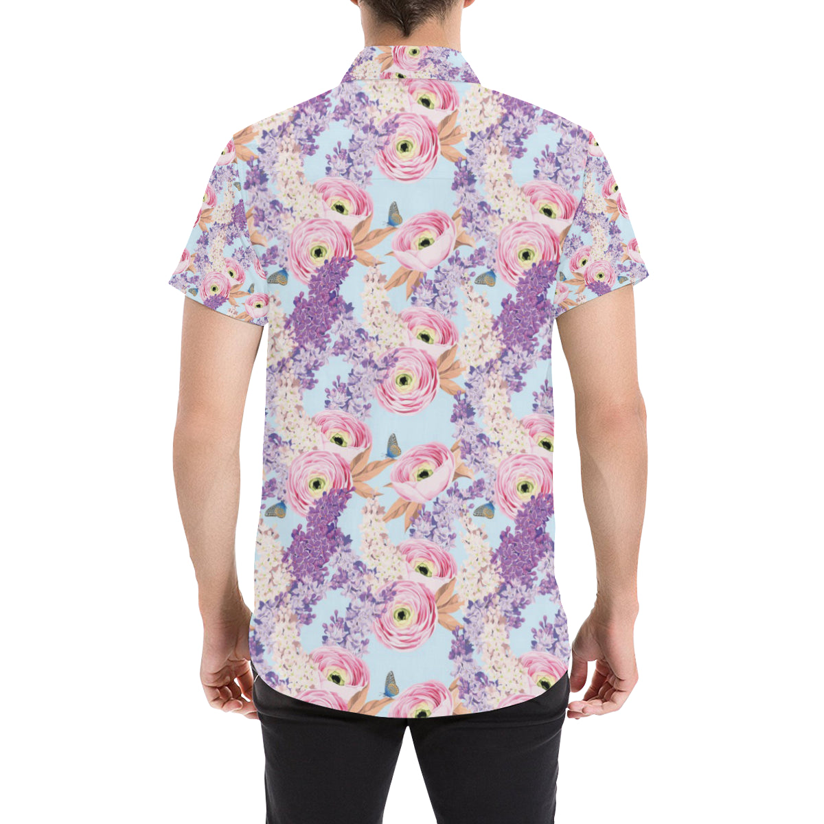 Lilac Pattern Print Design LI03 Men's Short Sleeve Button Up Shirt