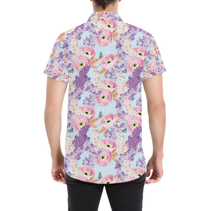 Lilac Pattern Print Design LI03 Men's Short Sleeve Button Up Shirt
