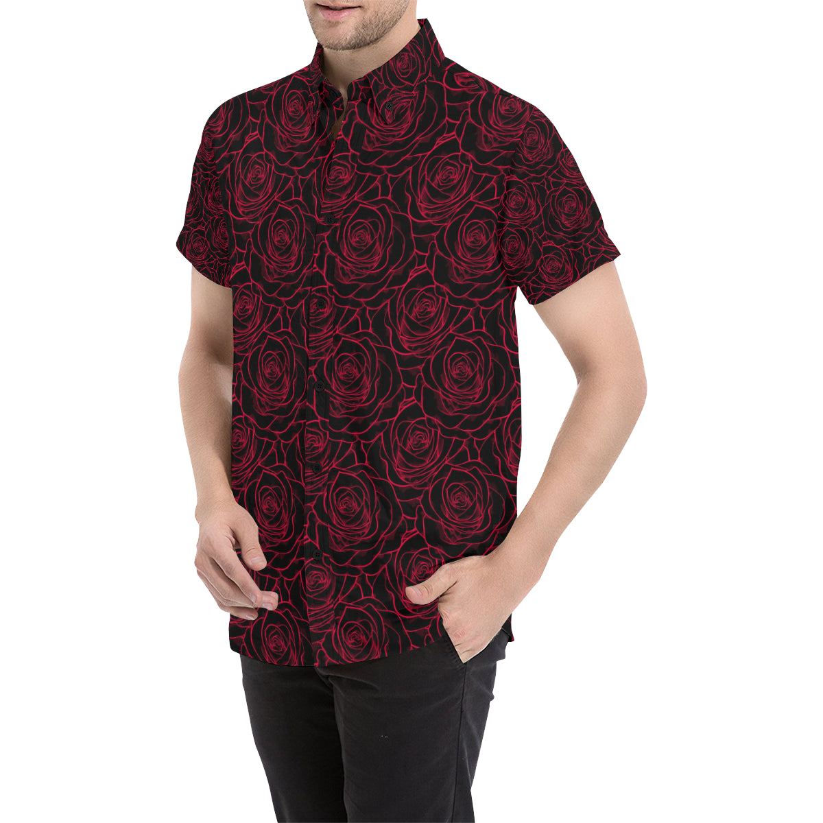 Red Rose Design Print Men's Short Sleeve Button Up Shirt