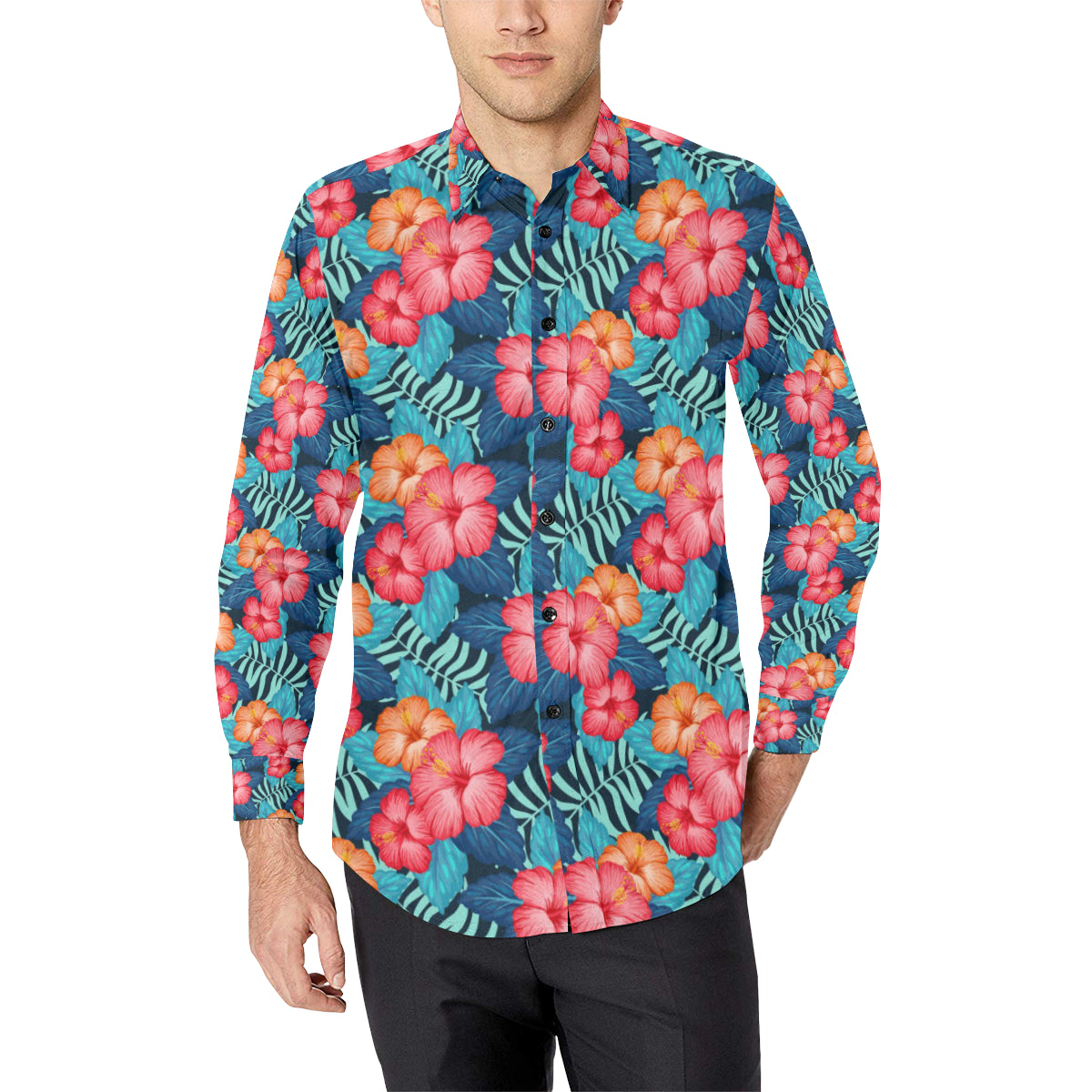 Red Hibiscus Pattern Print Design HB02 Men's Long Sleeve Shirt