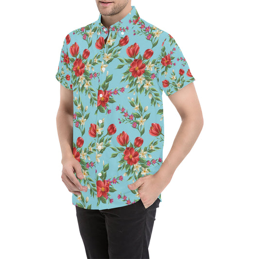 Summer Floral Pattern Print Design SF011 Men's Short Sleeve Button Up Shirt