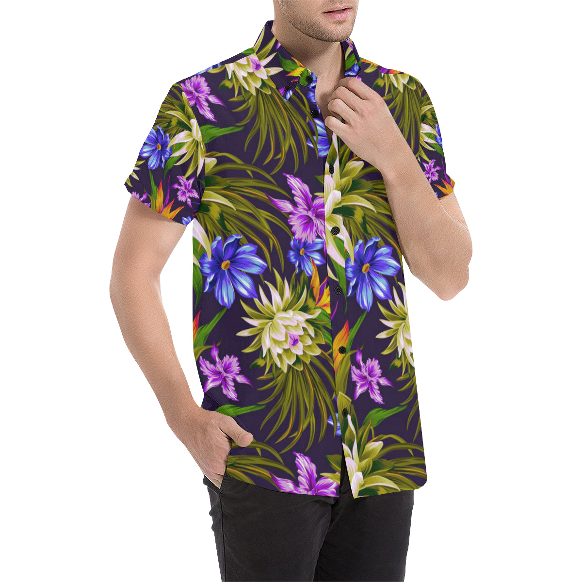 Water Lily Pattern Print Design WL08 Men's Short Sleeve Button Up Shirt